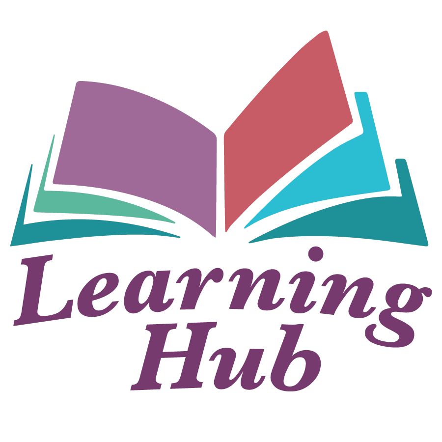 Open book with colorful pages and the text "Learning Hub" underneath.