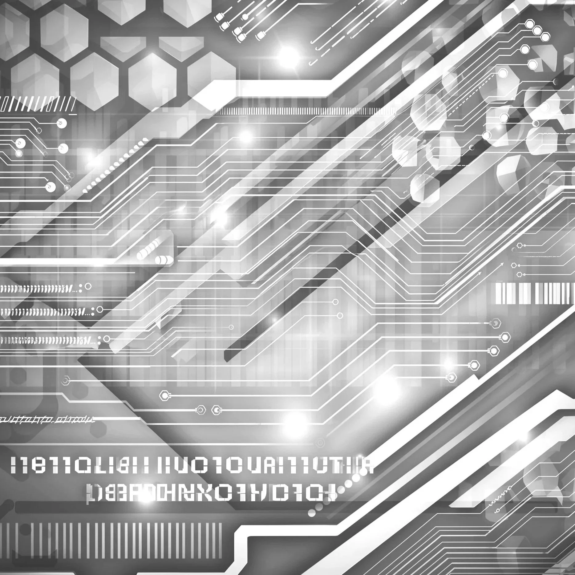 A digital illustration in grayscale depicting circuit board pathways, hexagons, and futuristic technology elements with glowing points and lines, resembling a high-tech electronic circuit design.