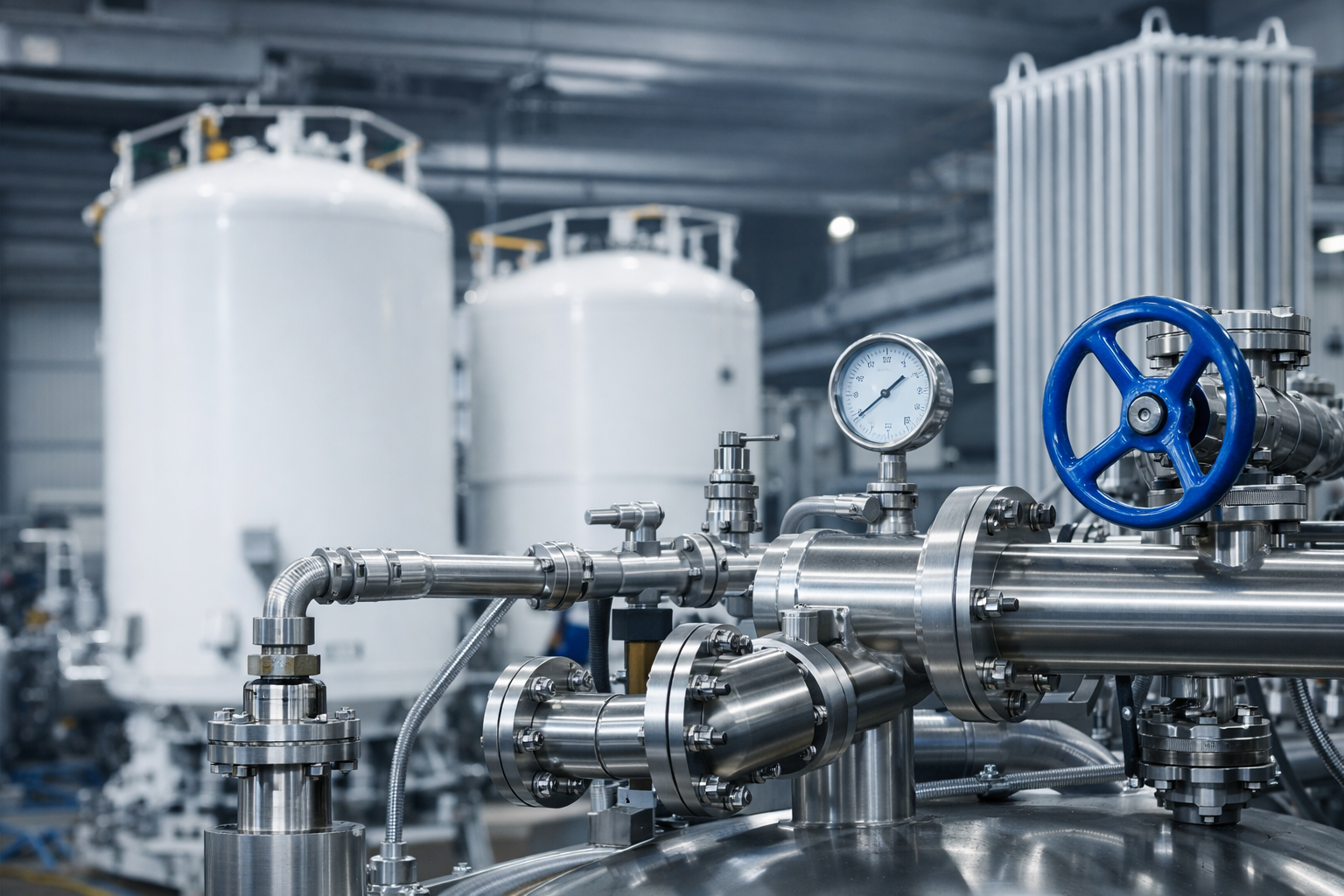 Impianto industriale con serbatoi bianchi e valvole in acciaio inox, con manopola blu, e un manometro in metallo in un ambiente di produzione.