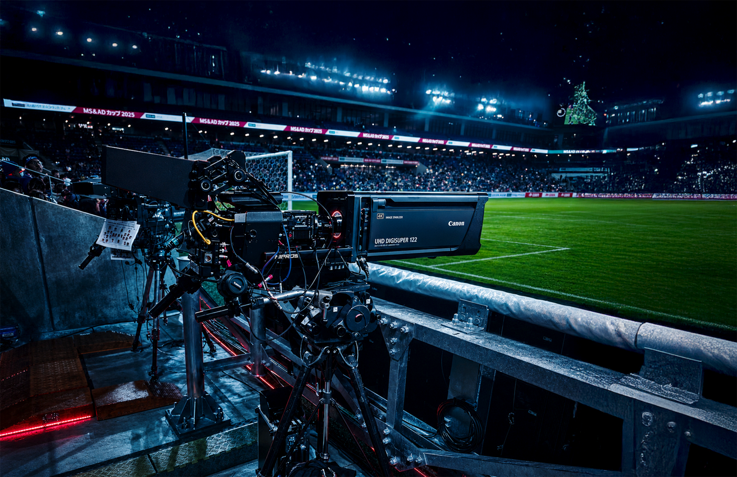A professional camera on a tripod positioned at the edge of a football stadium field during a night event, fiber optic camera adapter that is converting the high quality red v-raptor full frame cinematic camera into a live broadcast camera
