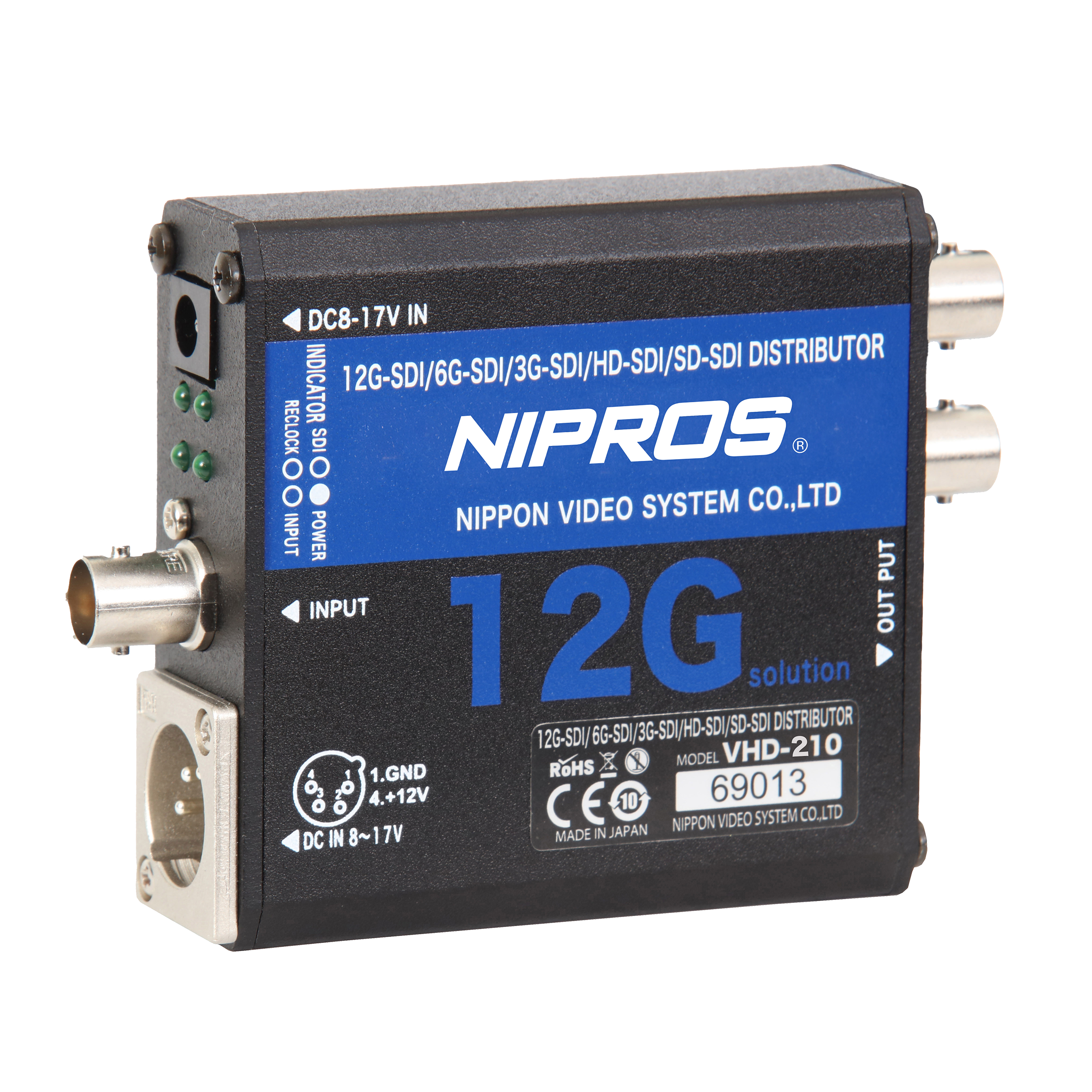 VHD-210 1x2 12G-SDI Re-Clocking Distribution Amplifier Dual Power Input (4P-XLR)