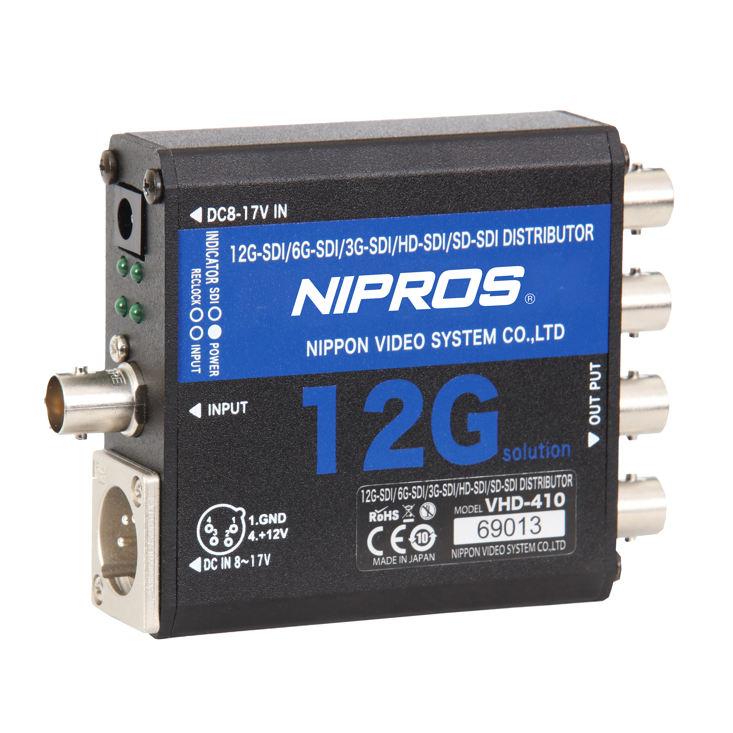 VHD-410 1x4 12G-SDI Re-Clocking Distribution Amplifier w/ Dual Power Input (4P-XLR)