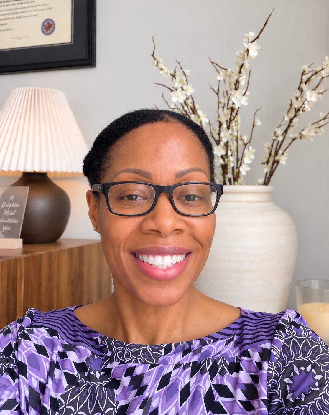 A woman with short hair, glasses, and a purple patterned shirt smiling in a room with a large vase of white flowers behind her and a framed certificate on the wall.