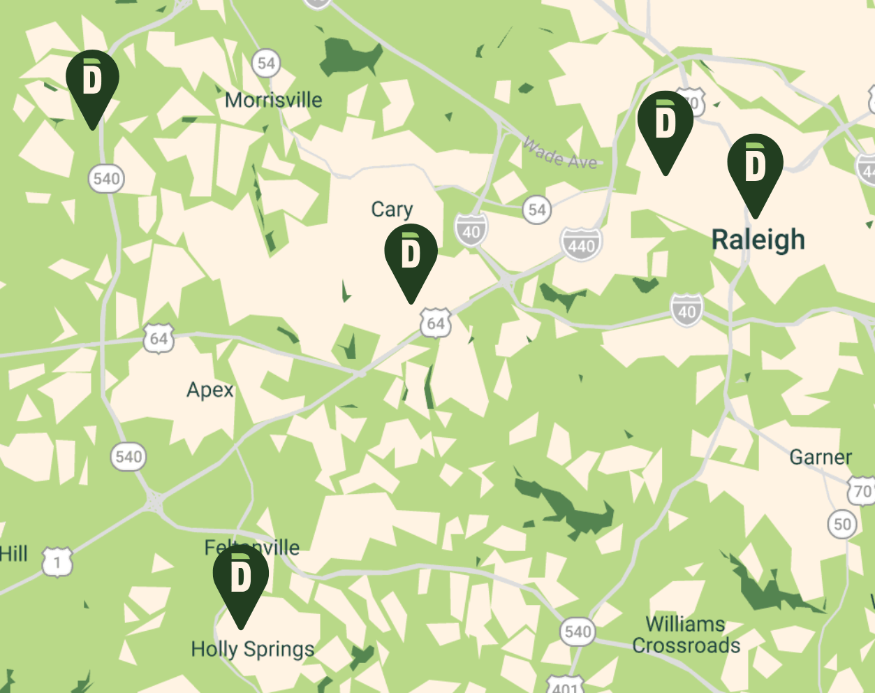 all 5 locations on a map in Raleigh, Cary and Holly Springs