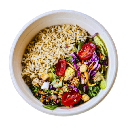 half warm brown rice and half salad bowl