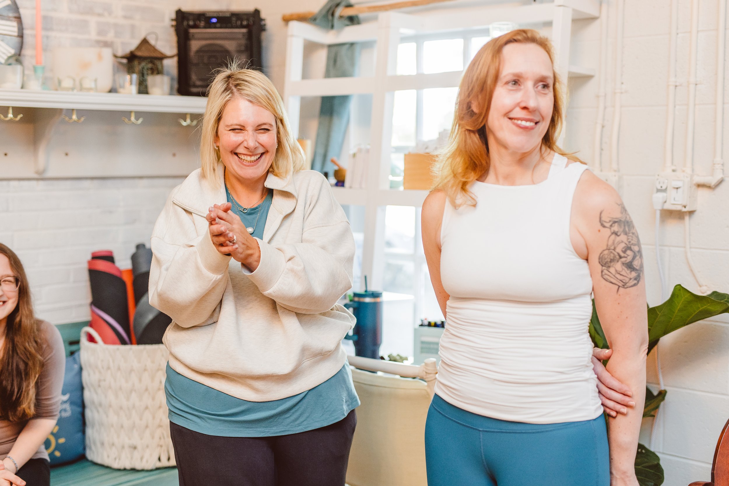 Coastal Retreat Studios community — members and instructors connecting after a Pilates or somatic yoga class in Easton, MD