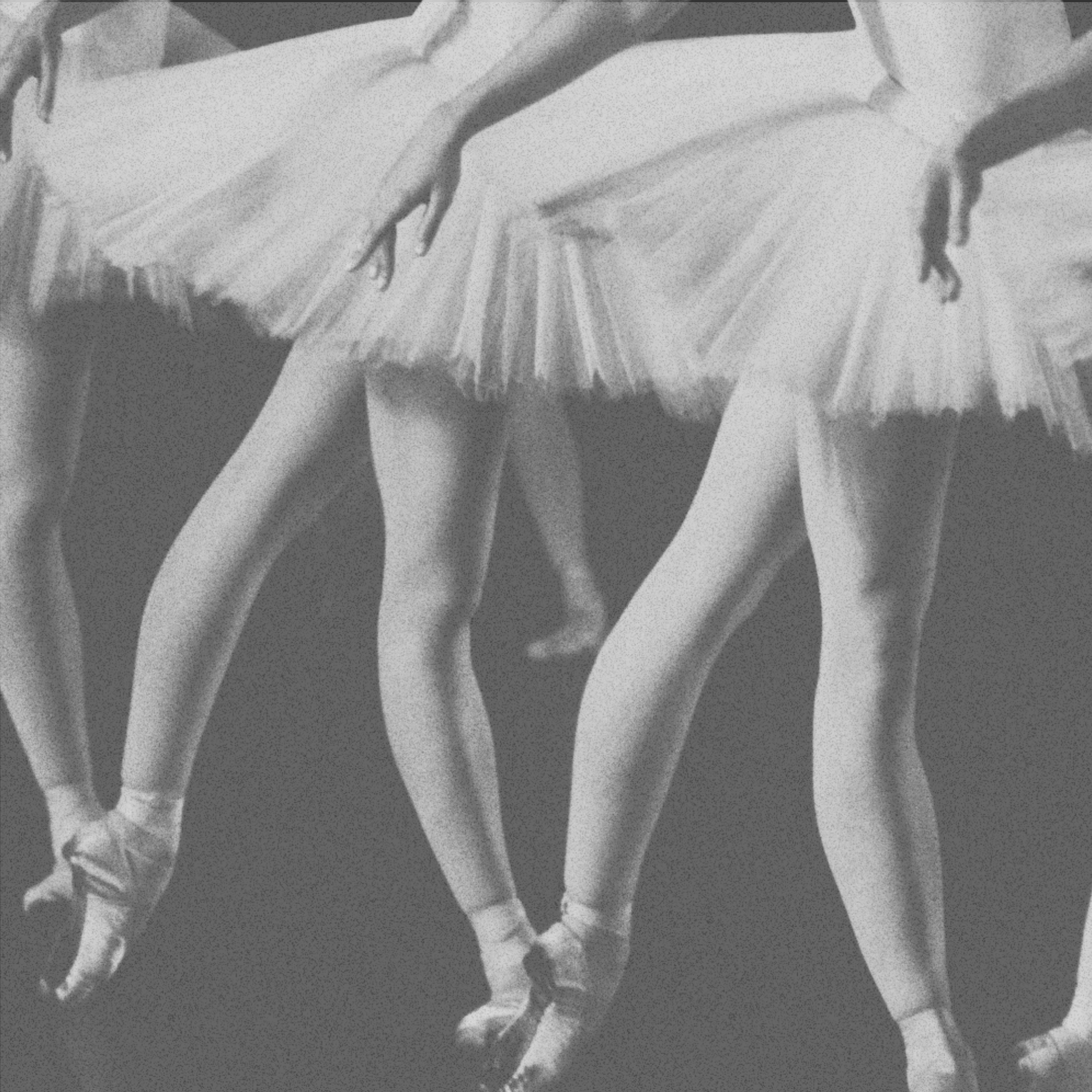 Ballet dancers in tutus and pointe shoes standing with their legs extended.