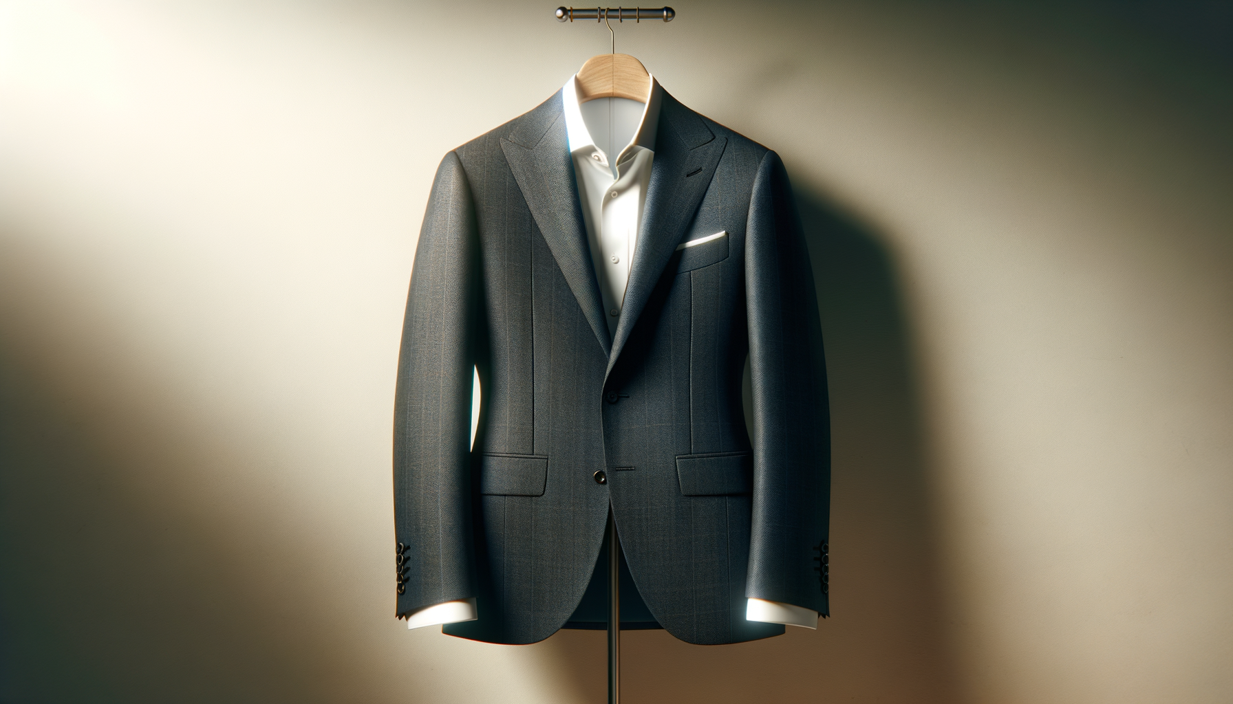 A dark gray business suit hanging on a wooden hanger, with a white dress shirt underneath, displayed against a plain wall.