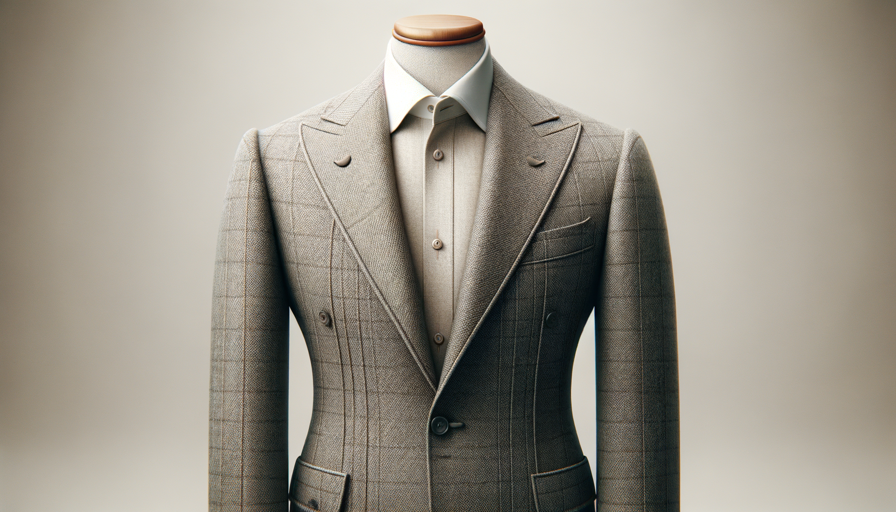 A beige plaid men's suit jacket over a light beige dress shirt, displayed on a mannequin against a plain light background.