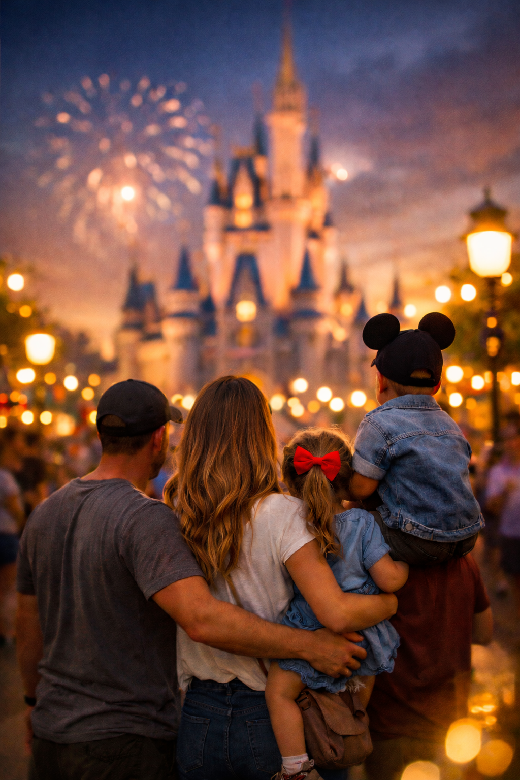 A family of four watching the Disneyland fireworks in front of Cinderella's castle castle at night, with the castle illuminated and blurred fireworks in the sky.