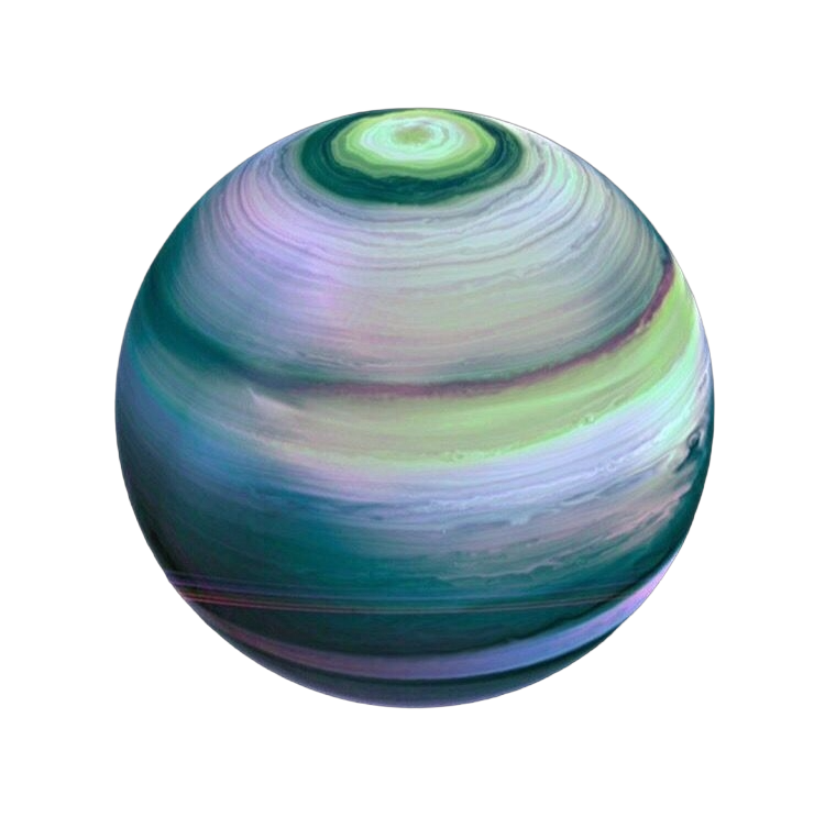 Colorful, swirling planet with bands of green, purple, and blue, resembling Neptune, against a black background.