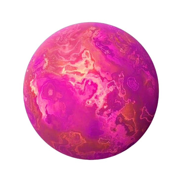 A pink and purple marble-like planet or sphere with swirling patterns, set against a black background.