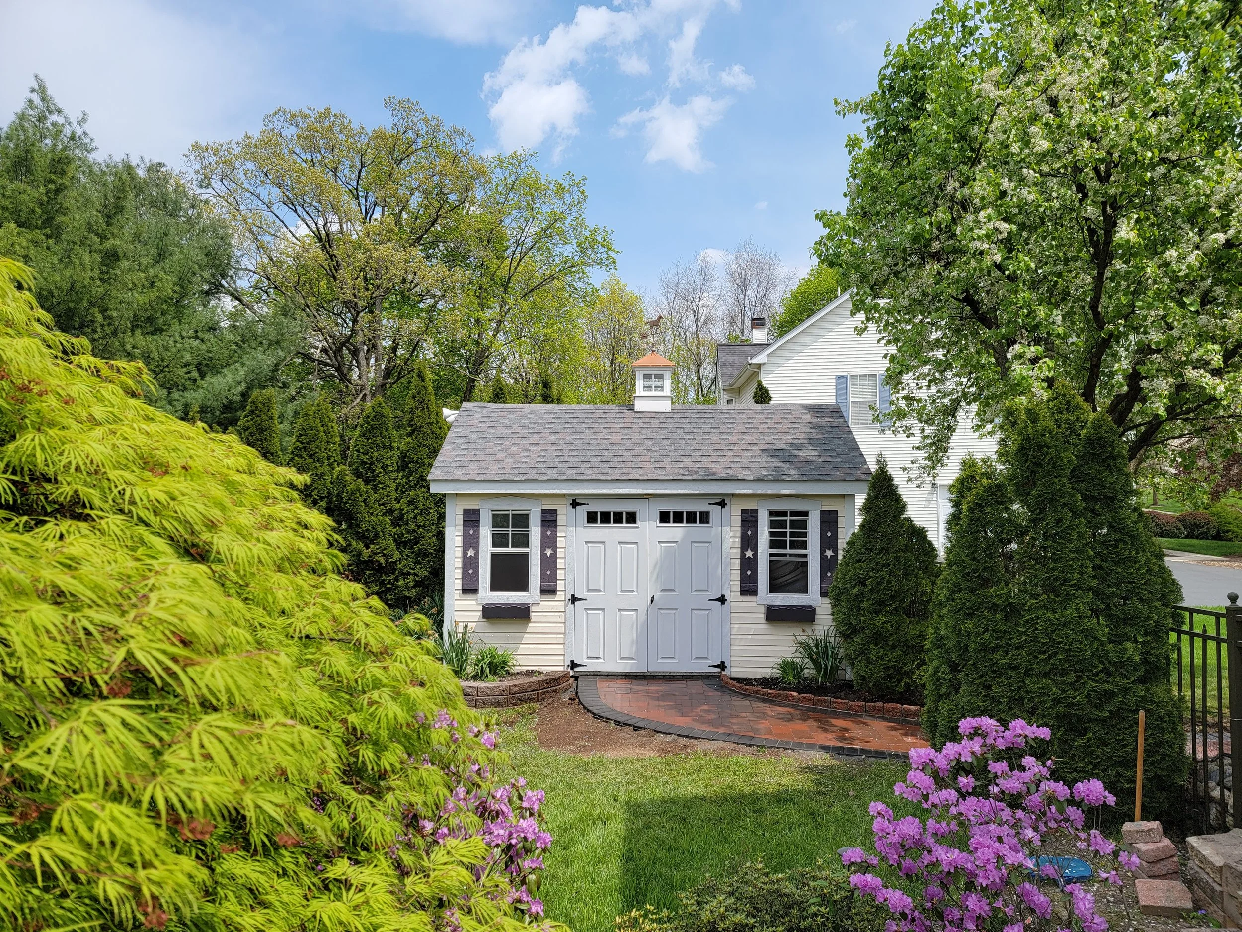 Paved walkway in front of a white shed surrounded by trees and bushes in a backyard.