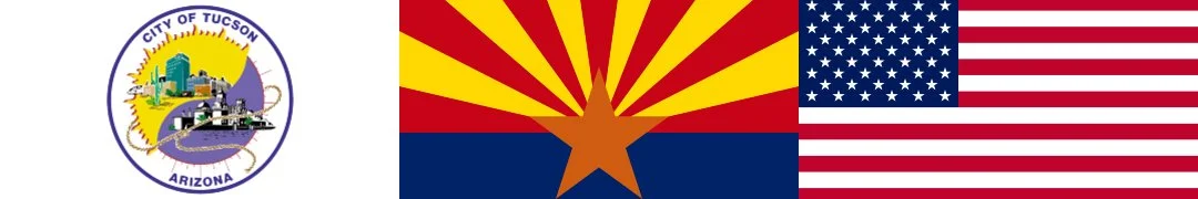 The image contains three flags: the seal of the City of Tucson, Arizona on the left, the Arizona state flag in the middle, and the United States flag on the right.