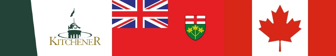 A flag banner with the flag of Italy on the left, followed by the Kitchener logo, the flags of the United Kingdom, Ontario, and Canada.