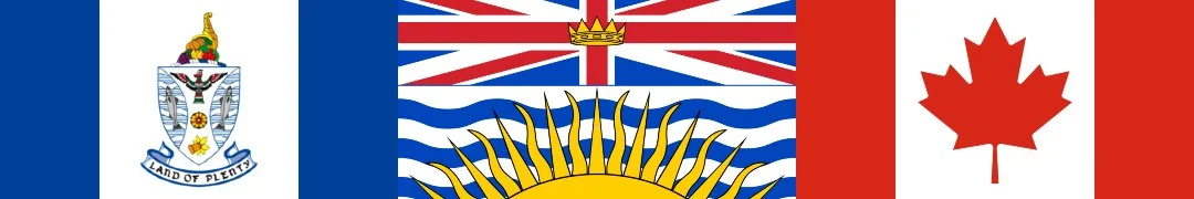 A composite image of four flags: the flag of the Falkland Islands, the flag of British Columbia, the national flag of Canada, and the flag of British Columbia with the Union Jack in the center.