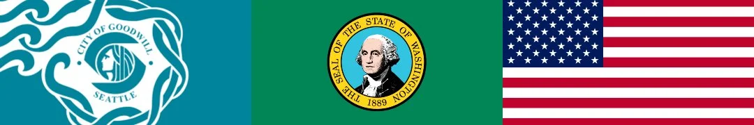 The image features three flags placed side by side: the flag of Seattle, Washington, with a blue and white design; the state flag of Washington, with a green background and a portrait of George Washington in the center; and the flag of the United States, with red and white stripes and white stars on a blue field.