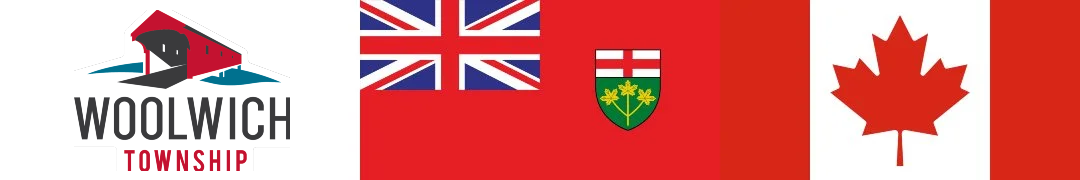 Image featuring a logo for Woolwich Township, flags of the United Kingdom, Ontario, and Canada.