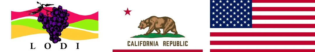 Three separate symbols: a bunch of grapes with colorful background labeled 'Lodi', a bear and star representing California, and the United States flag.