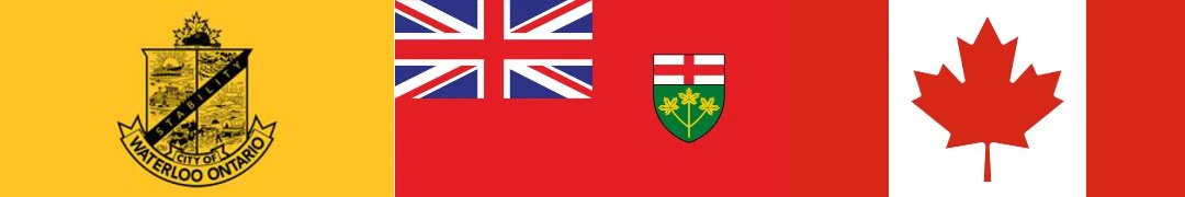 A horizontal banner featuring the flags of Waterloo Ontario, the United Kingdom, Manitoba, and Canada.