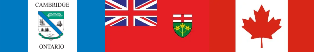 A horizontal banner featuring the flags of Ontario, United Kingdom, Ontario (green shield), and Canada.