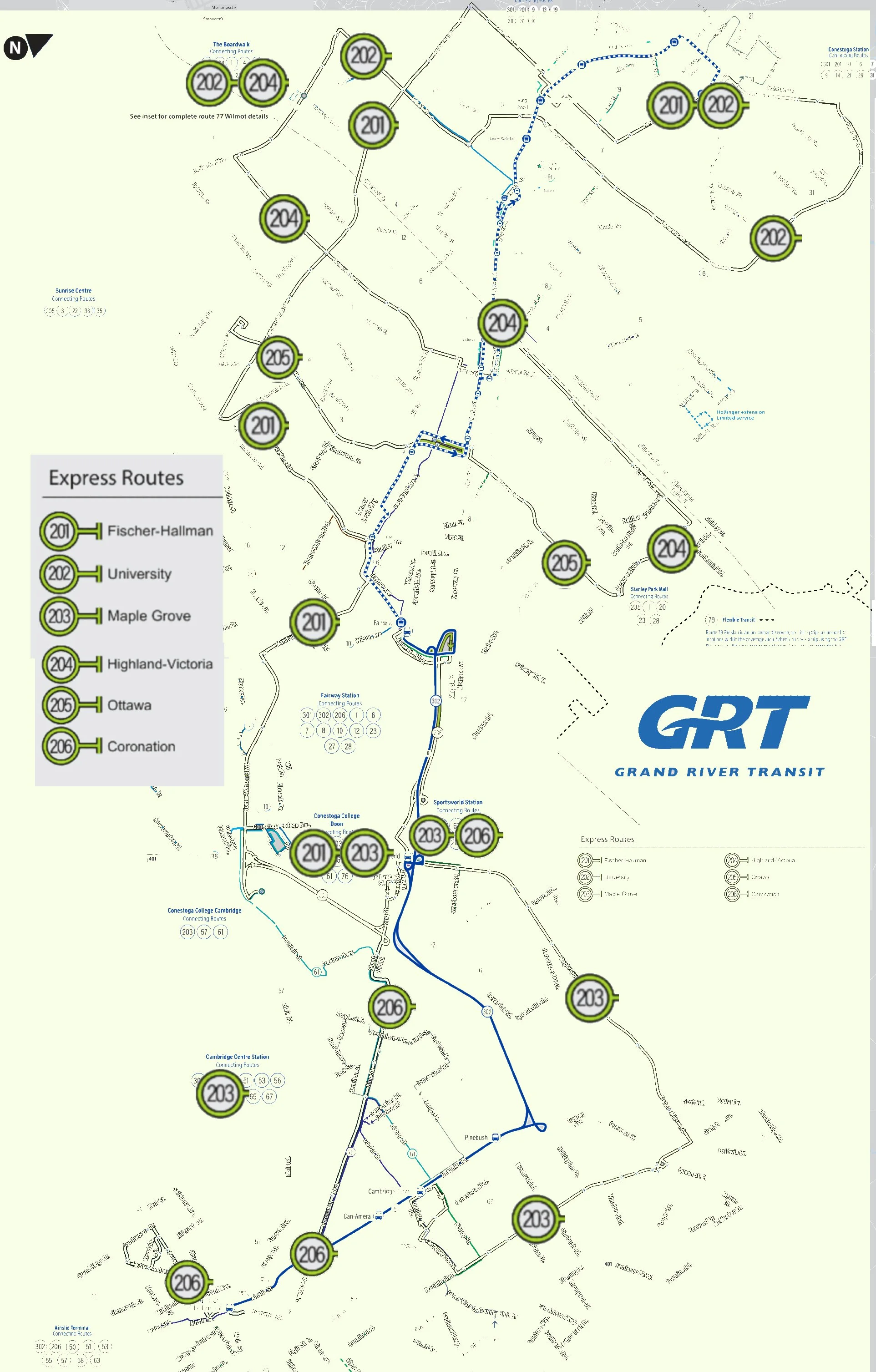 Convert iXpress Grand River Transit routes to low-budget, traffic-separated "BRT" (Bus Rapid Transit) in Kitchener, Waterloo, Cambridge