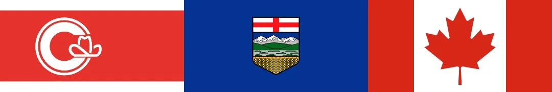 Flag in the image consists of three sections: a red section with a white circular emblem with a stylized bird, a blue section with a coat of arms, and a red and white section with a red maple leaf symbol.