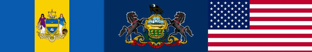 Flag of the state of Delaware, featuring a blue and gold vertical stripes and a coat of arms,, and a flag of the United States, featuring red and white stripes and white stars on a blue field.