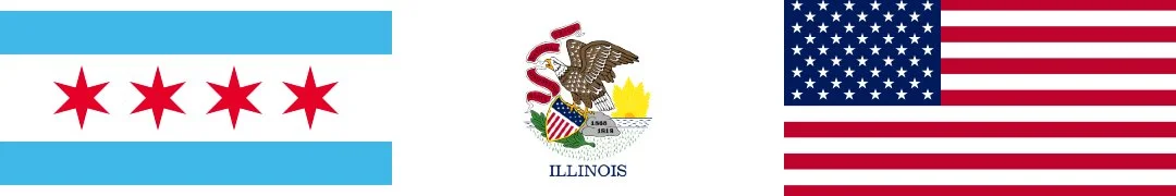Chicago flag with red stars, Illinois state flag with an eagle holding a shield, and the United States flag