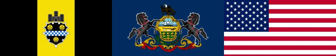 A combined image featuring the flags of Belgium, Pennsylvania, and the United States.