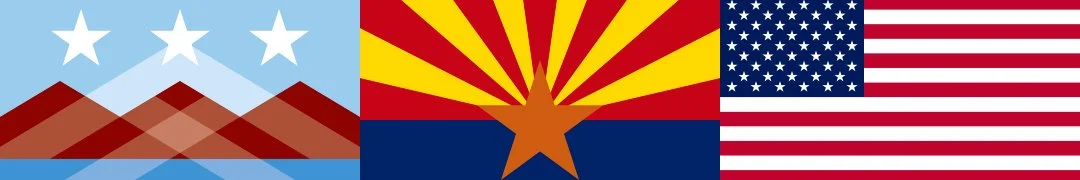 Three patriotic flags displayed side by side: the Colorado state flag, the Arizona state flag, and the United States national flag.