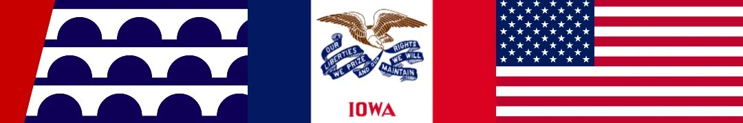 A banner featuring the Iowa state flag in the center, flanked by the United States flag on the right, and an abstract pattern resembling waves or arches in blue and white on the left.