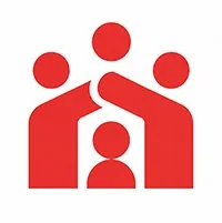 Red abstract icon of five people connected by a red house outline