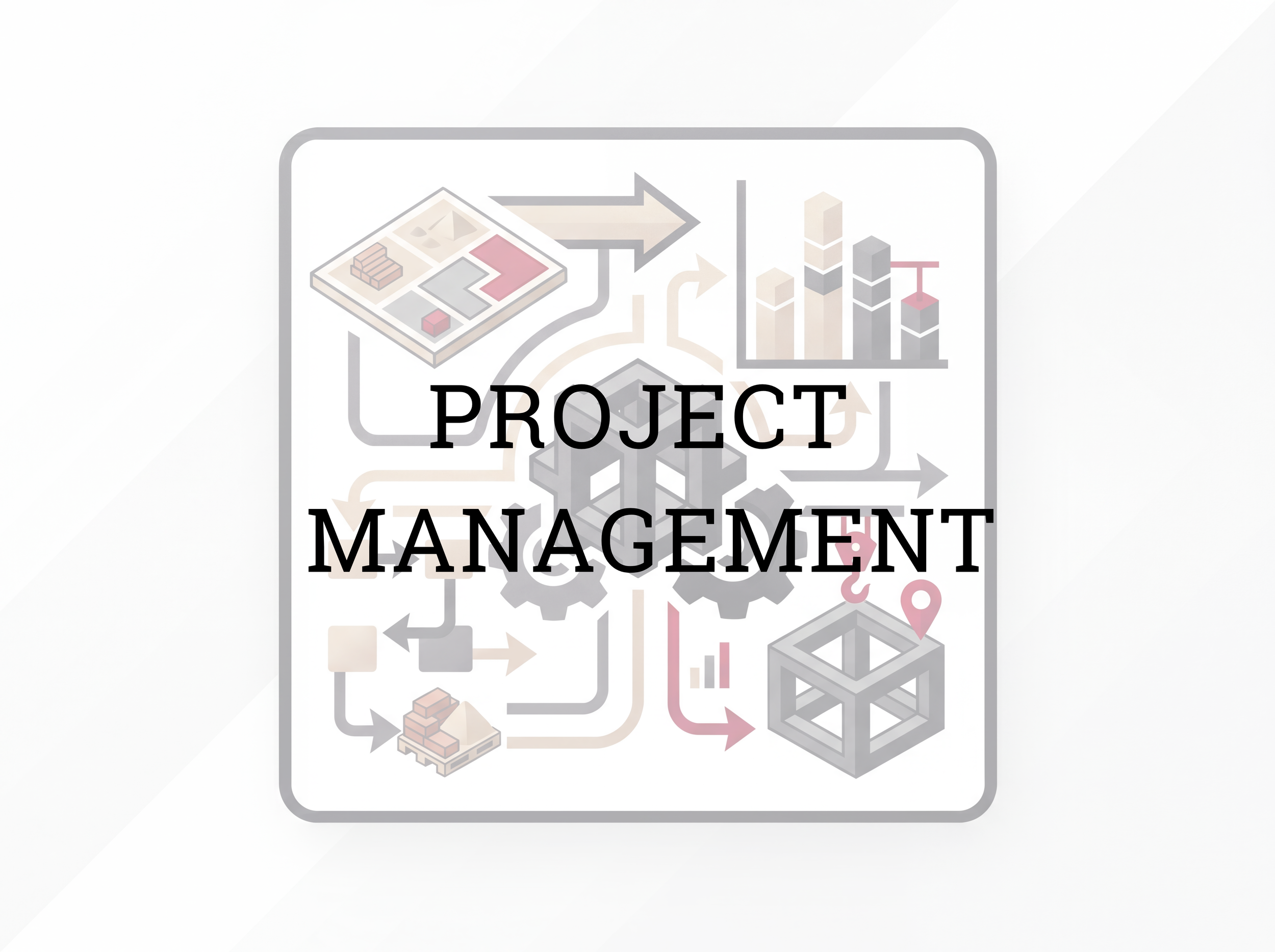 Flowchart illustrating project management process with arrows connecting diagrams, charts, and icons, overlaid with the text 'PROJECT MANAGEMENT'.