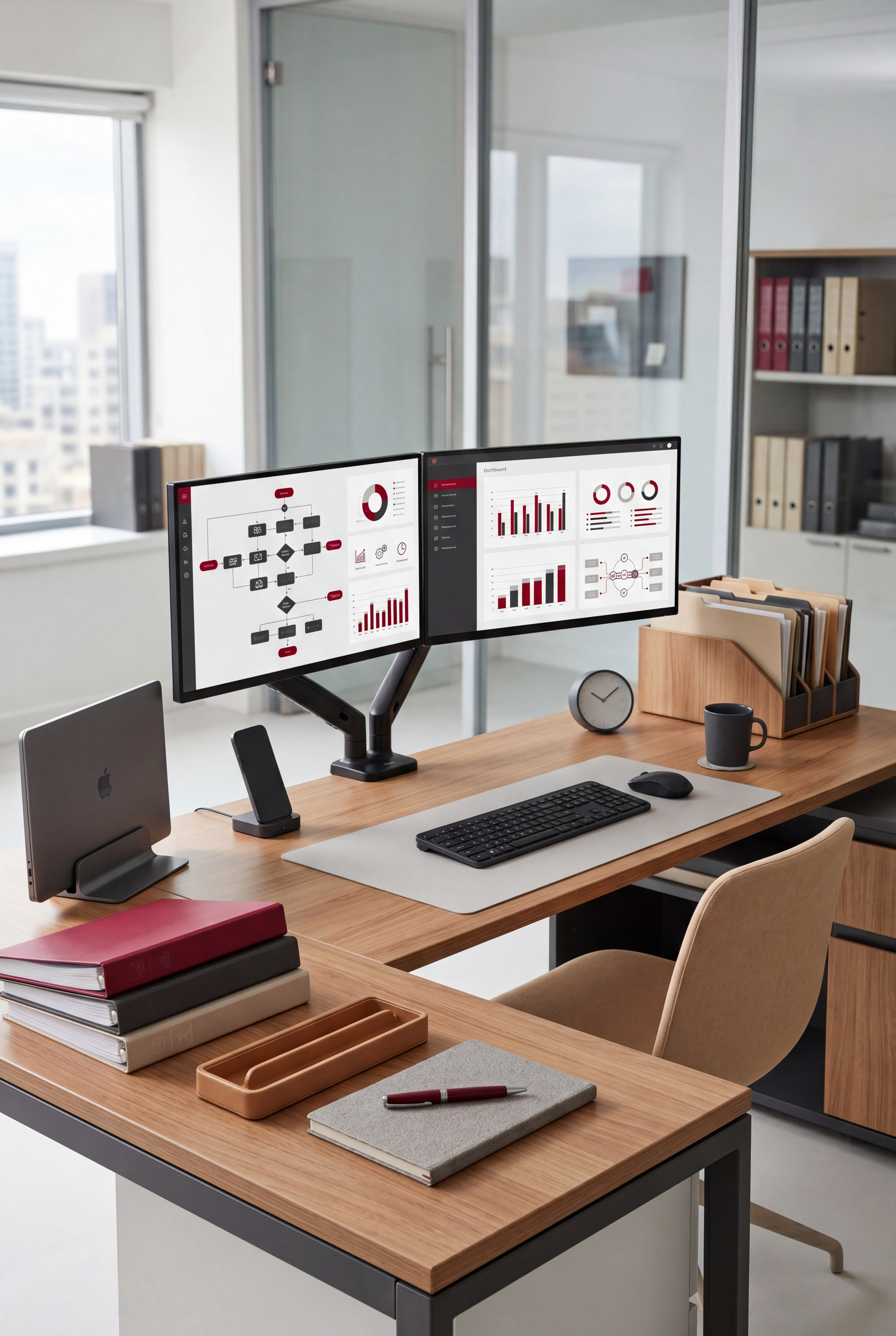 Modern office workspace with dual computer monitors displaying data charts and flowcharts, wooden desk with a keyboard, mouse, organization trays, notebooks, a mug, a clock, a laptop, and an office chair. Large windows reveal city buildings outside.