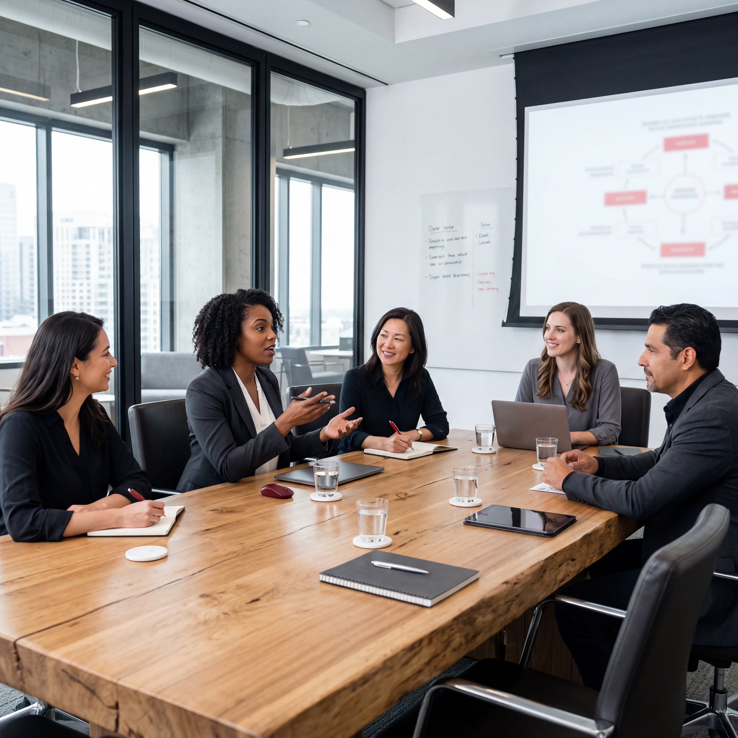 A diverse group of six people sitting around a large wooden conference table in a modern office, engaged in a discussion. The room has large windows with a cityscape view and a whiteboard and a projected presentation on the wall.