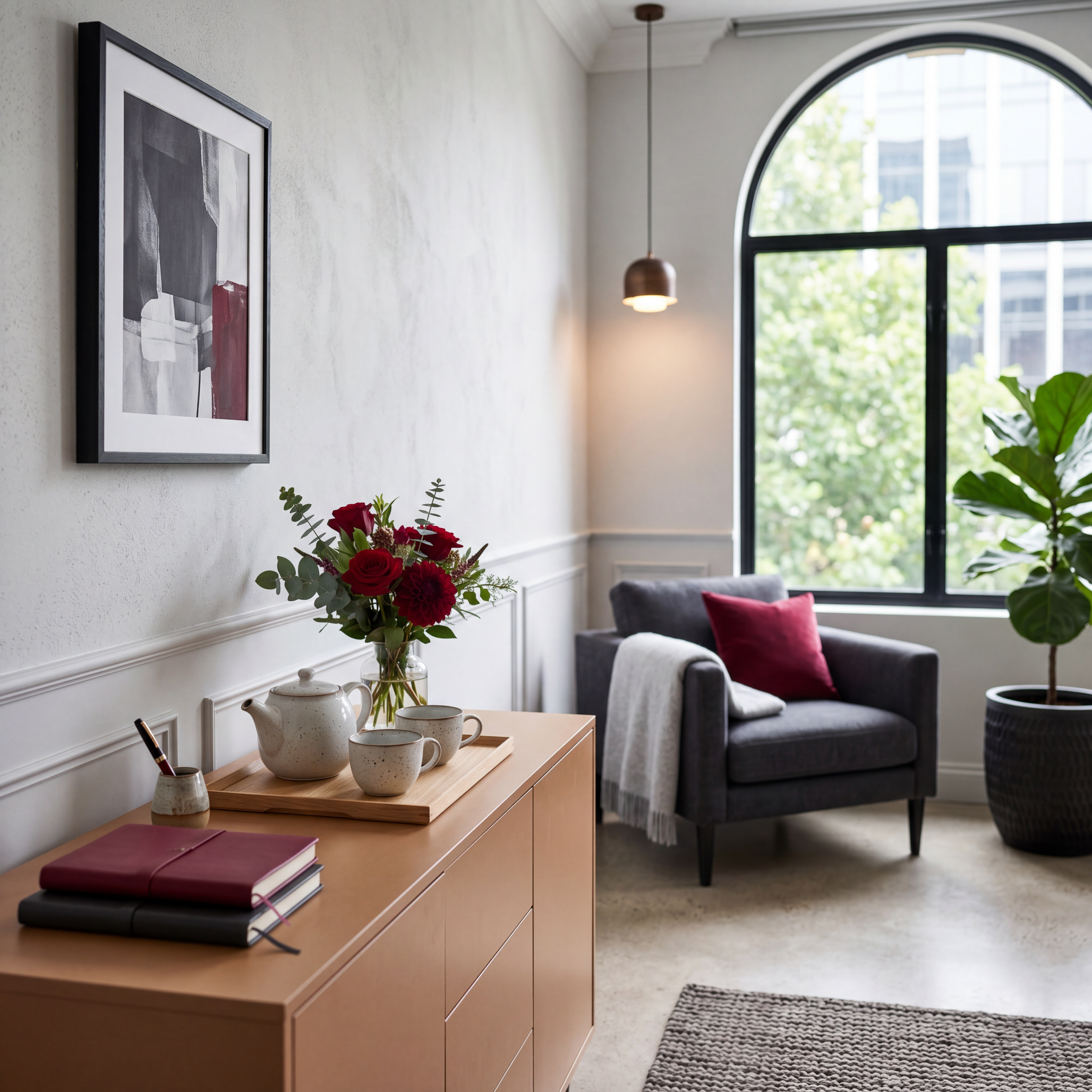 A living room with a light wood sideboard, a floral arrangement, a stack of notebooks, and a dark gray armchair with a pink cushion, near a large arched window with green trees outside.