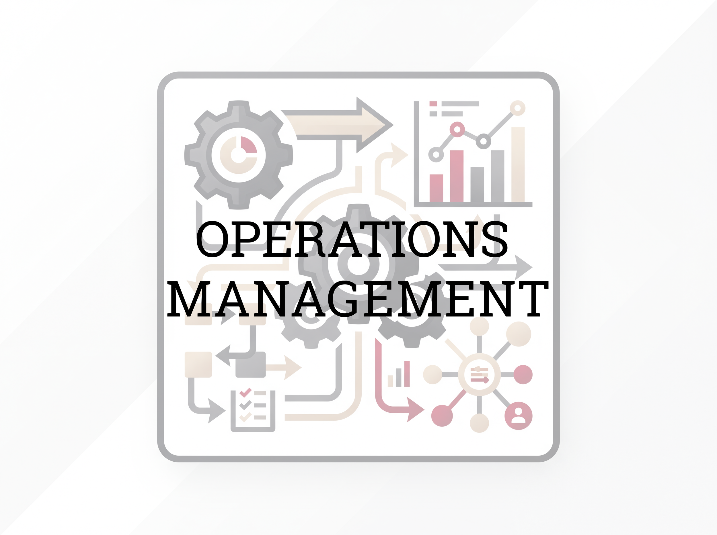 Illustration related to operations management featuring gears, arrows, and charts.