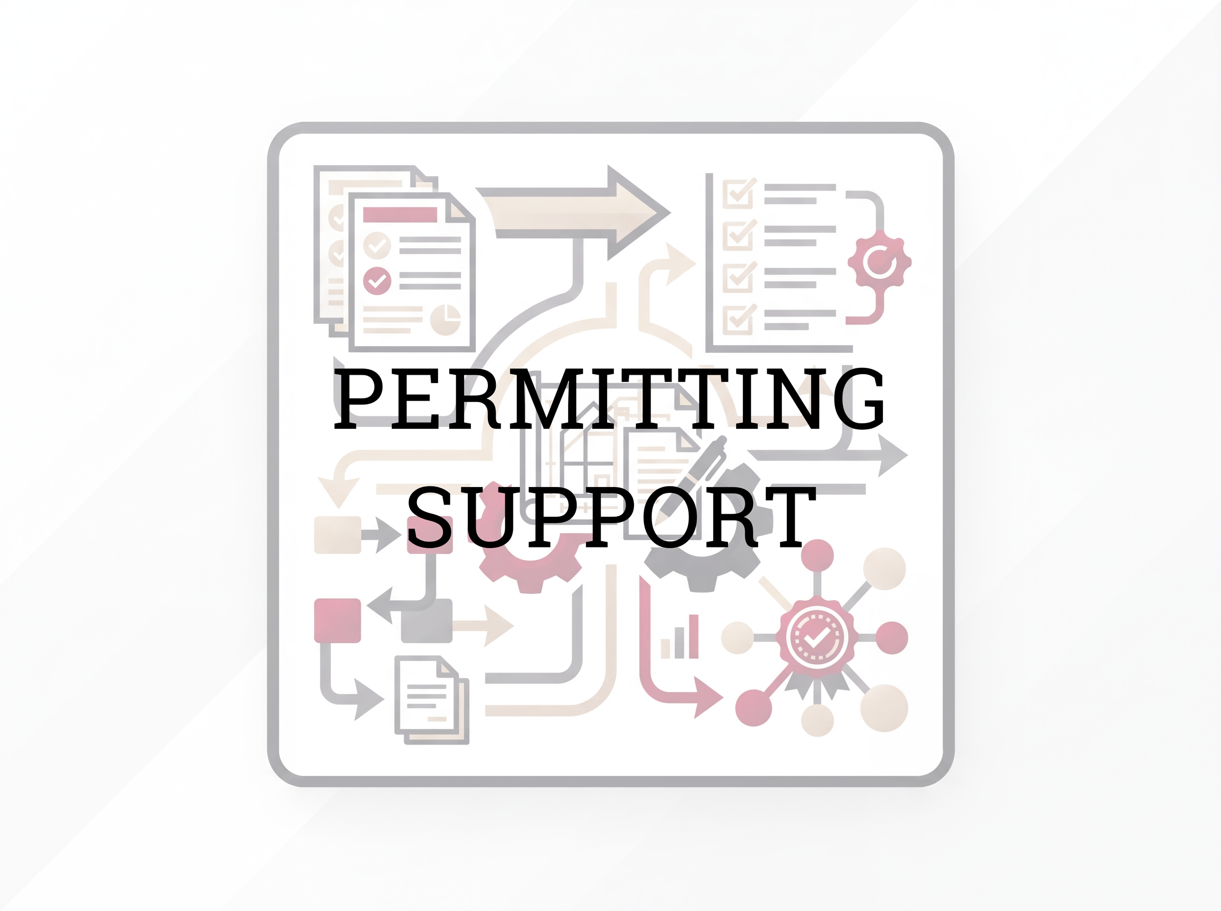 Illustration of a flowchart with documents, arrows, gears, checkmarks, and a circular refresh icon, overlaid with the words 'PERMITTING SUPPORT' in bold black letters.