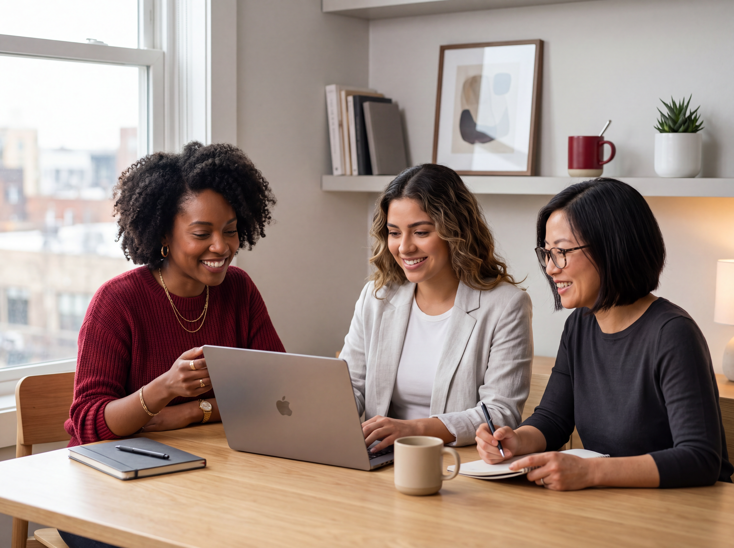 Three women sitting at a wooden table with a silver laptop, notebooks, pens, and coffee mugs, smiling and looking at the laptop screen in a bright room with large windows and artwork on the wall.