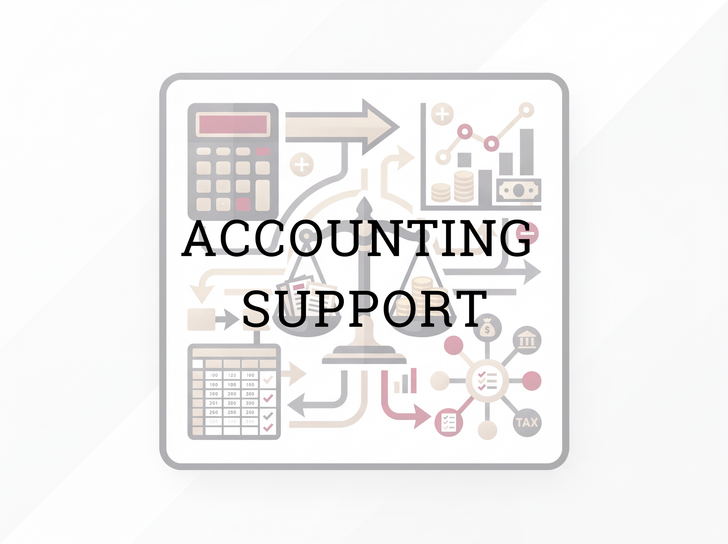 A graphic illustration related to accounting support, featuring icons of a calculator, charts, coins, money, and arrows, with the words 'ACCOUNTING SUPPORT' overlaid.