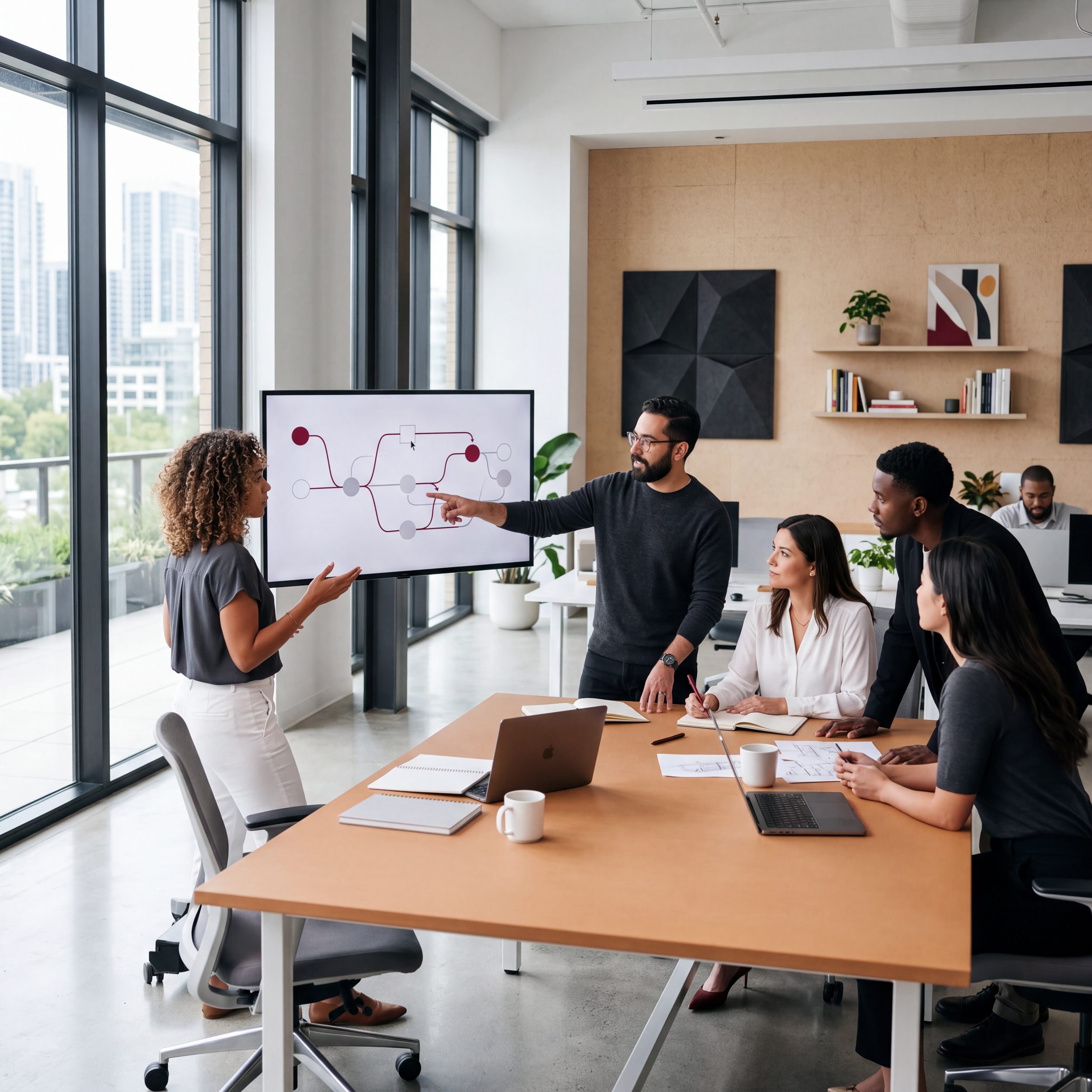 A group of diverse professionals in an office, engaging in a discussion around a table. One person is standing and presenting a diagram on a large screen. The office has large windows, modern furniture, and a cityscape view.
