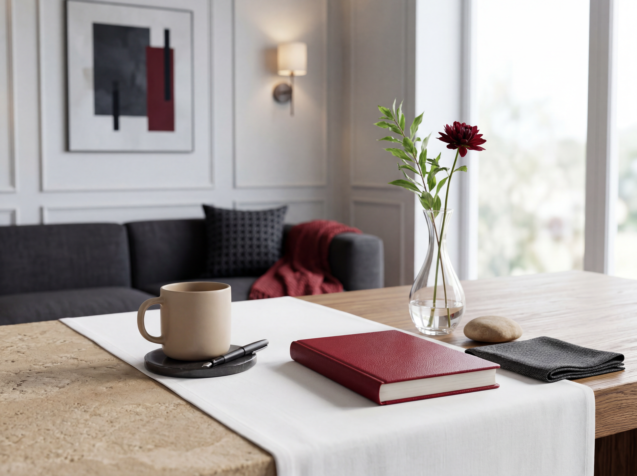 Interior of a living room with a table in the foreground, featuring a white mug on a black saucer, a red book, black and gray cloths, and pens. In the background, there's a gray sofa with a patterned pillow, a wall with abstract art, a wall-mounted lamp, and a window with daylight coming through.