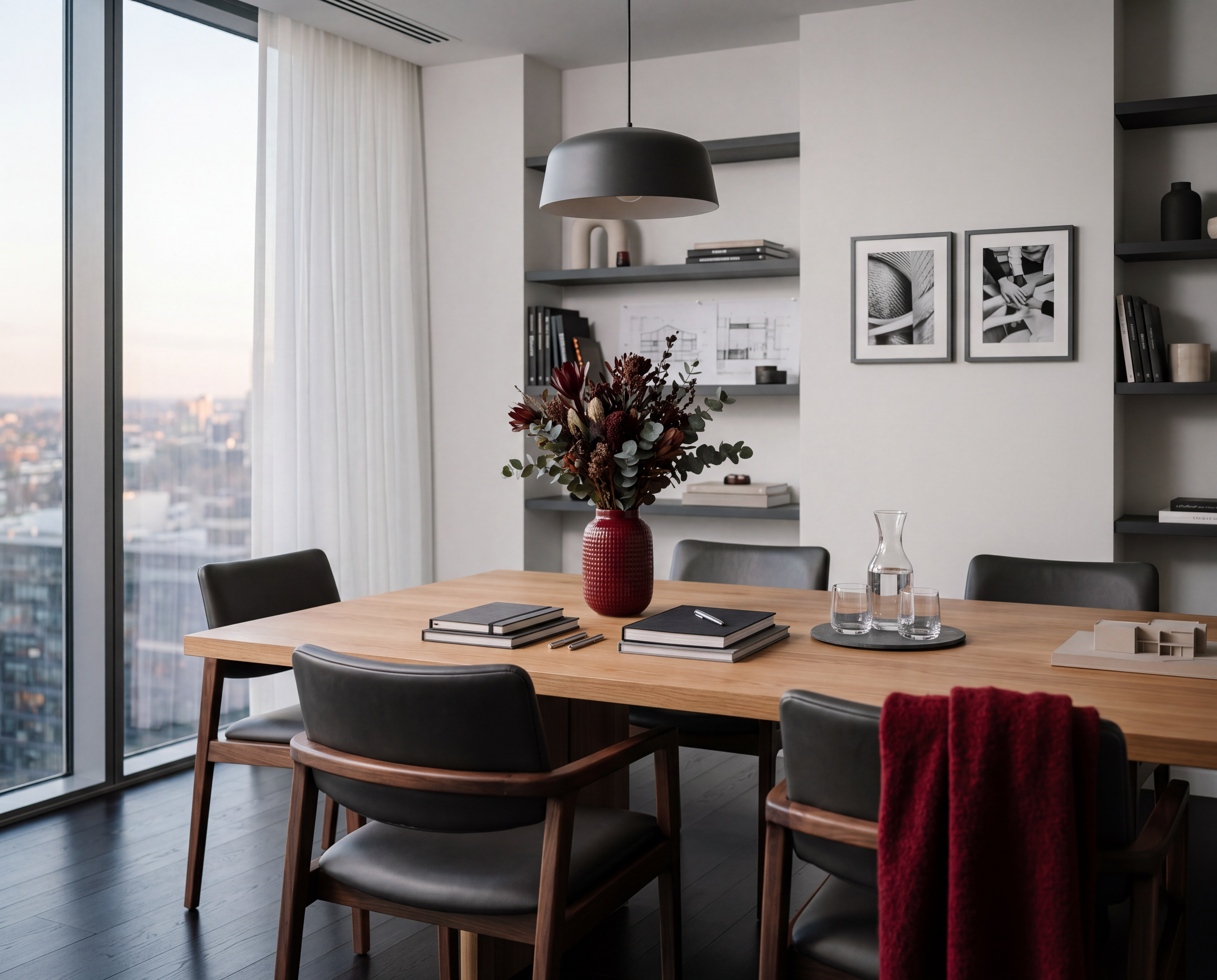 Modern dining room with a wooden table, black chairs, a vase of flowers, and built-in shelves with framed black and white photos, overlooking a cityscape through floor-to-ceiling windows with white curtains.