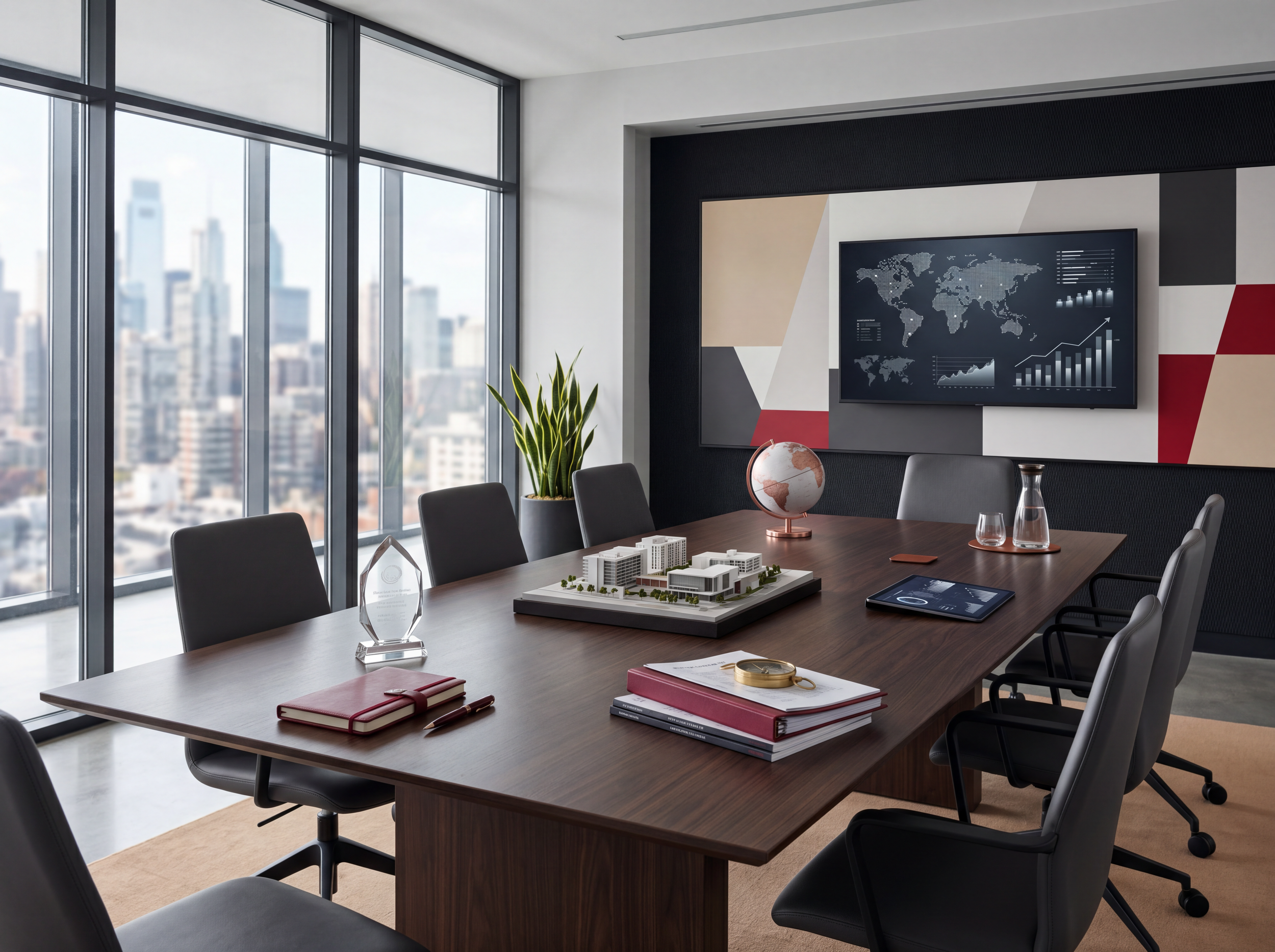 Modern conference room with large windows, city skyline view, a wooden table with notebooks, a small globe, glassware, and a large monitor displaying charts and world maps.