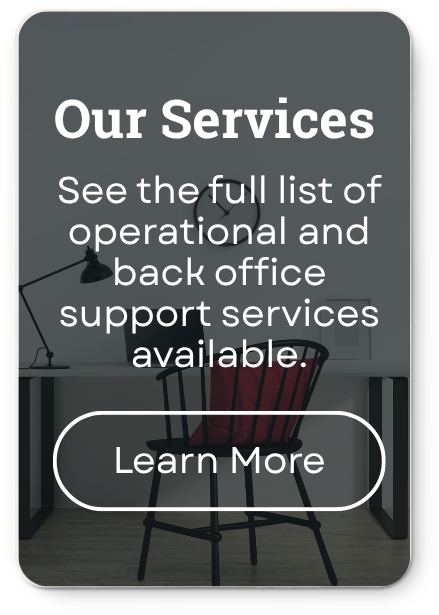 A digital advertisement for services, featuring a modern office with a desk, a black chair, and a reading lamp, promoting operational and back office support services with a 'Learn More' button.
