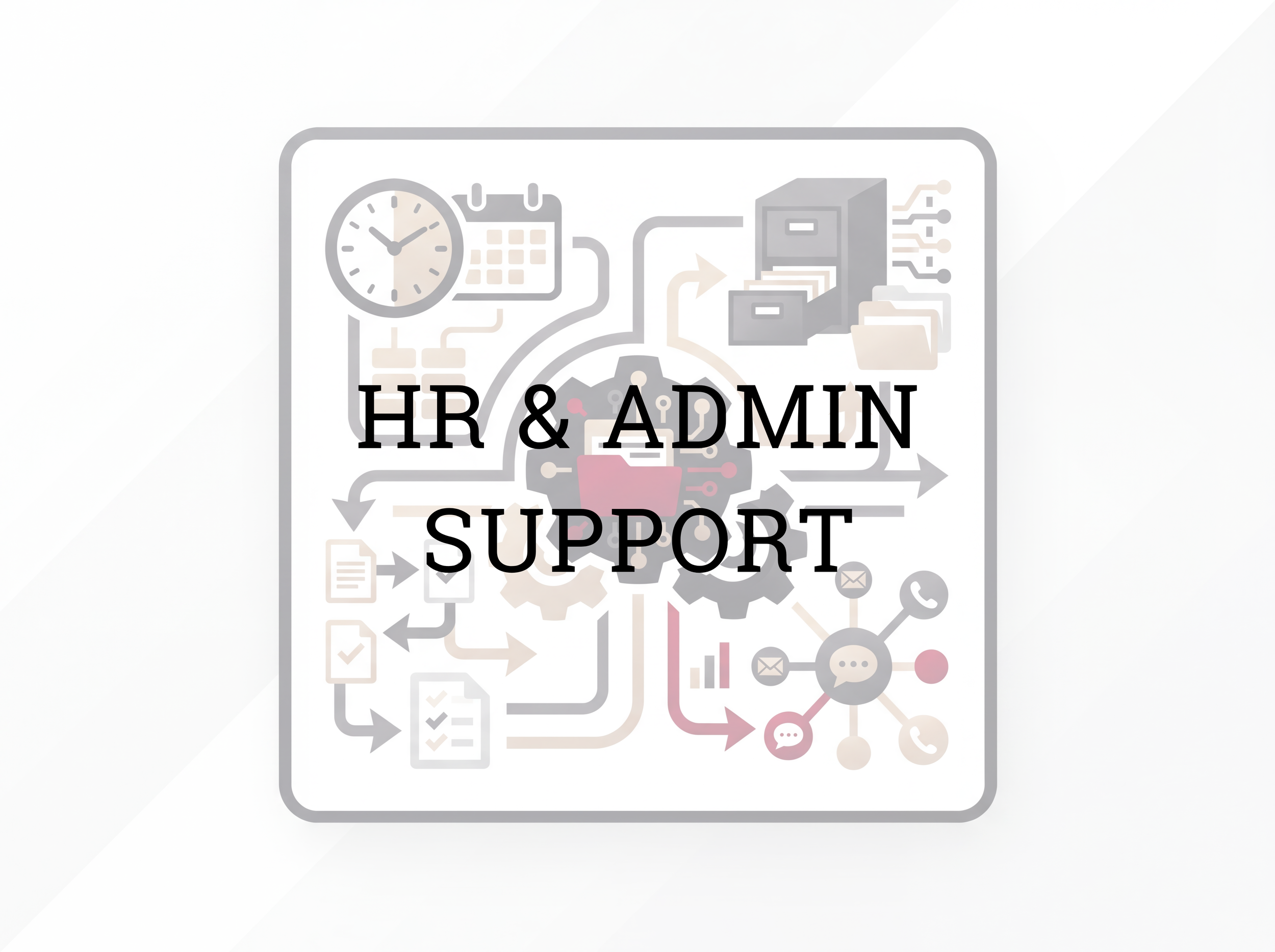 A digital illustration related to HR, administration, and support processes. Includes icons of a clock, calendar, files, gears, chat bubbles, email, and phone, with arrows indicating workflow.