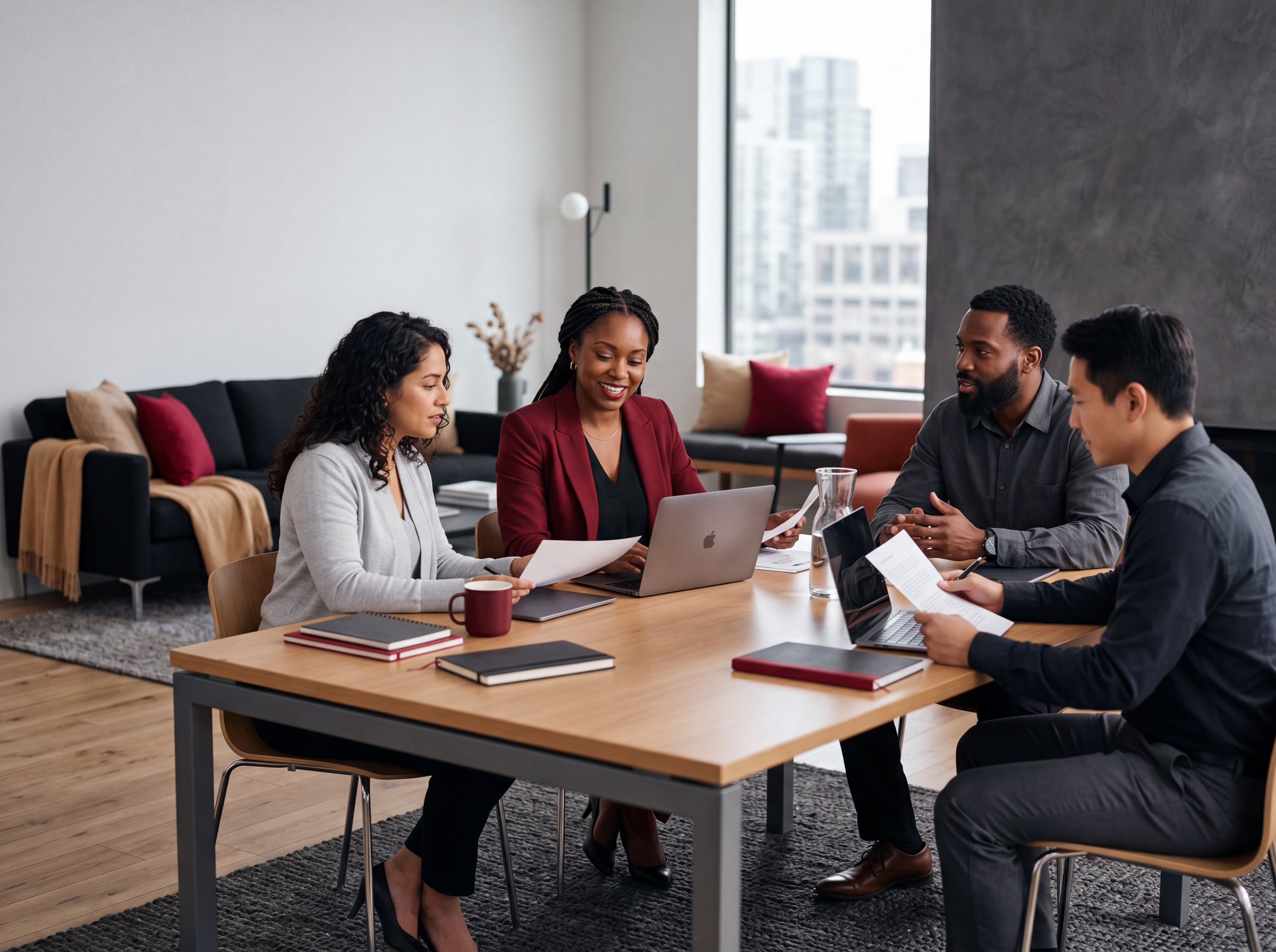 A diverse group of five professionals, three women and two men, sitting around a wooden conference table in a modern office, engaged in a meeting with documents and laptops.