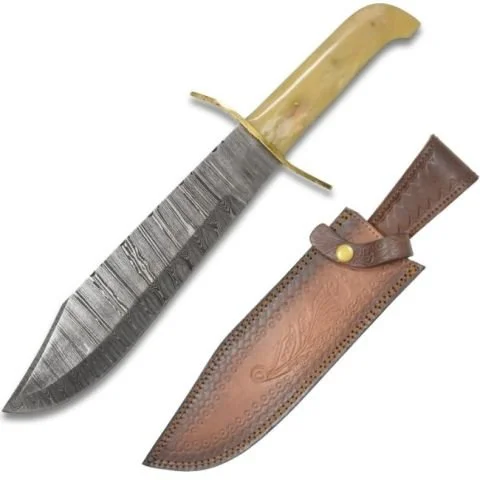 Damascus Steel Bowie Knife with Bone Handle