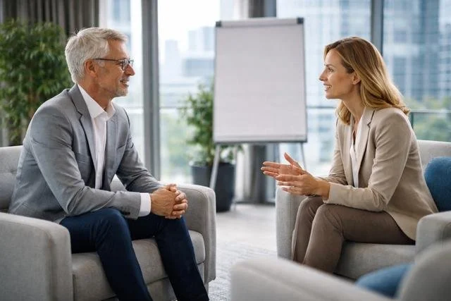 A man and woman engaged in a conversation in a modern office with large windows, a whiteboard, and plants.